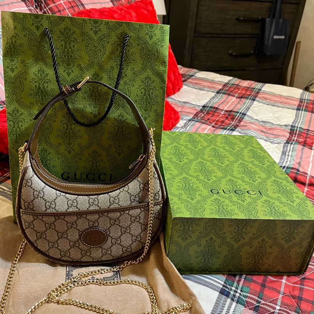GG Brown mini moon Shoulder Bag with GG Monogram and Gold Hardware